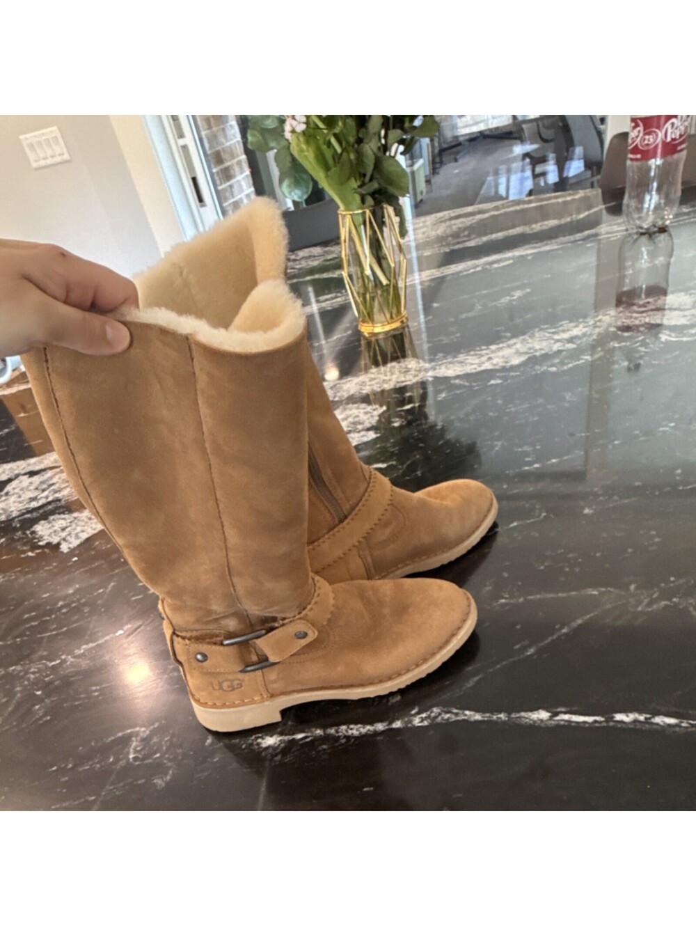 UGG Shearling Knee High Boots Brown Suede Buckle Accent Fur Lined Pull On